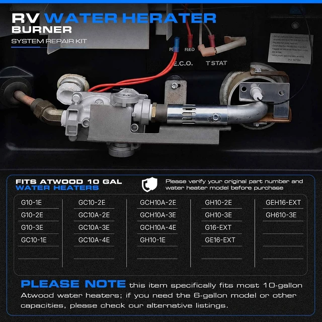 Alt view image 2 of 7 - Atwood RV Water Heater Burner Repair Kit 92089 Solenoid Gas Valve, 93221 Burner Tube & 93868 Igniter, Compatible with 10-Gallon Tanks, G10-1E, GC10-2E, GCH10A-4E, GH10-3E, G16-EXT