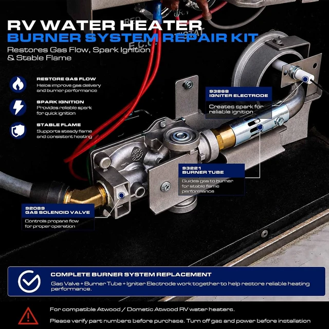 Alt view image 6 of 7 - Atwood RV Water Heater Burner Repair Kit 92089 Solenoid Gas Valve, 93221 Burner Tube & 93868 Igniter, Compatible with 10-Gallon Tanks, G10-1E, GC10-2E, GCH10A-4E, GH10-3E, G16-EXT