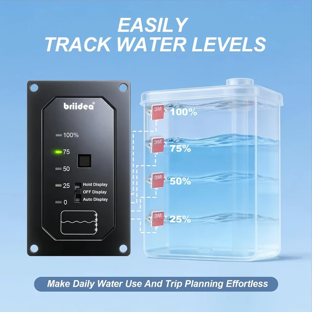 Alt view image 3 of 7 - Briidra RV Water Tank Level Monitor with Probeless Adhesive Sensors, LED Indicator & Motion-Sensing Light for Plastic Tanks up to 40 Gallons on 7-32V DC RVs & Boats