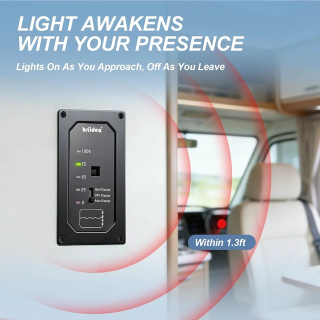 Alt view image 4 of 7 - Briidra RV Water Tank Level Monitor with Probeless Adhesive Sensors, LED Indicator & Motion-Sensing Light for Plastic Tanks up to 40 Gallons on 7-32V DC RVs & Boats