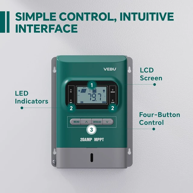 Alt view image 3 of 7 - 20 Amp MPPT Solar Charge Controller, 50V, 12/24-Volt