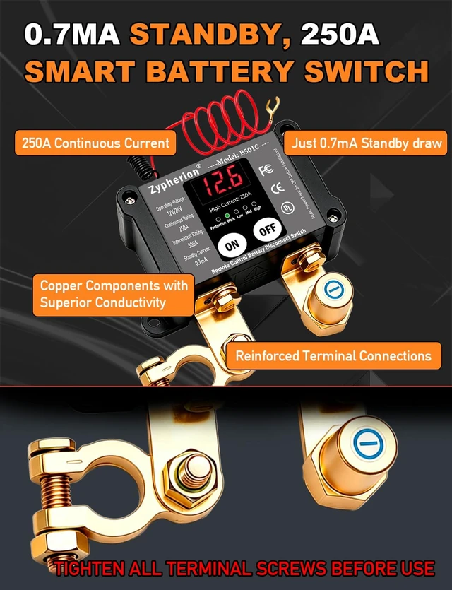 Alt view image 2 of 7 - 250A 12V/24V Remote Battery Disconnect Switch with LED Voltmeter