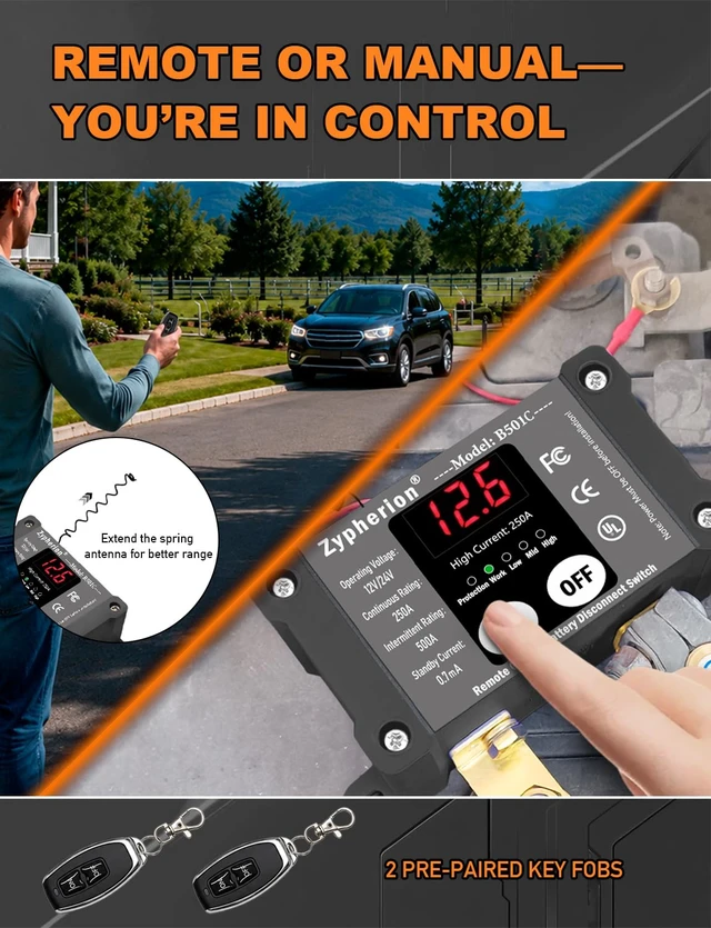 Alt view image 3 of 7 - 250A 12V/24V Remote Battery Disconnect Switch with LED Voltmeter