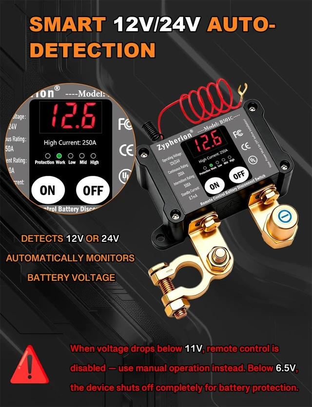 Alt view image 5 of 7 - 250A 12V/24V Remote Battery Disconnect Switch with LED Voltmeter
