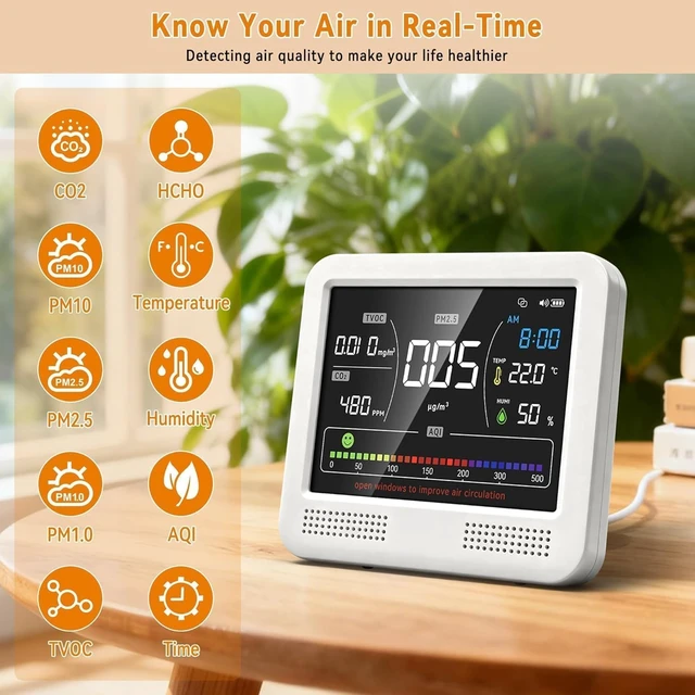 Alt view image 2 of 6 - 16-in-1 Indoor Air Quality Monitor with CO2 Detector & AQI Tester