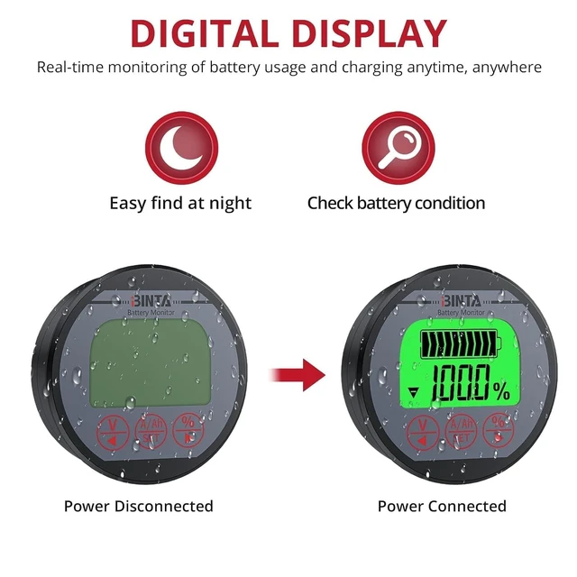 Alt view image 2 of 7 - 8-120V 0-500A Battery Monitor with Shunt Backlit Voltmeter & Ammeter