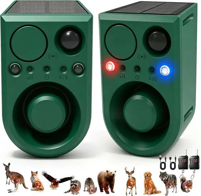 Main image of 2-Pack Solar Outdoor Motion Sensor Alarm with Dog Barking Sound, Recording & Adjustable Volume 130dB Noise Maker, 3 Modes & Strobe Light for Home, Villa, Farm & Barn