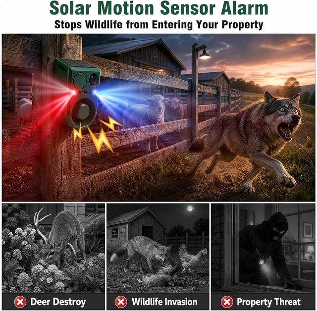 Alt view image 2 of 7 - 2-Pack Solar Outdoor Motion Sensor Alarm with Dog Barking Sound, Recording & Adjustable Volume 130dB Noise Maker, 3 Modes & Strobe Light for Home, Villa, Farm & Barn