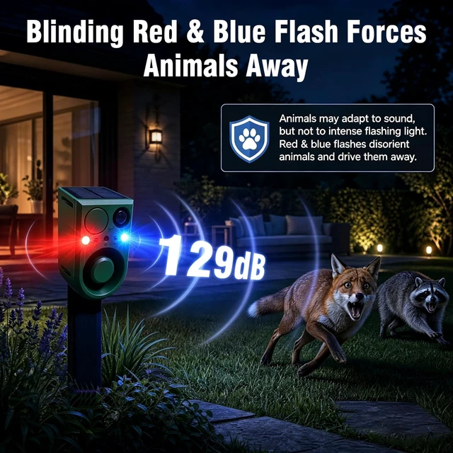 Alt view image 4 of 7 - 2-Pack Solar Outdoor Motion Sensor Alarm with Dog Barking Sound, Recording & Adjustable Volume 130dB Noise Maker, 3 Modes & Strobe Light for Home, Villa, Farm & Barn
