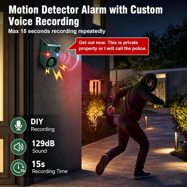 Alt view image 3 of 7 - 2-Pack Solar Outdoor Motion Sensor Alarm with Dog Barking Sound, Recording & Adjustable Volume 130dB Noise Maker, 3 Modes & Strobe Light for Home, Villa, Farm & Barn