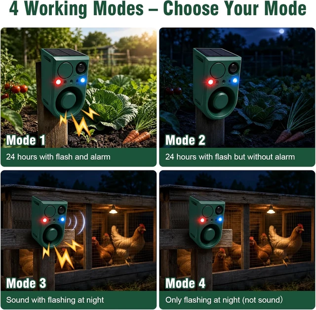 Alt view image 7 of 7 - 2-Pack Solar Outdoor Motion Sensor Alarm with Dog Barking Sound, Recording & Adjustable Volume 130dB Noise Maker, 3 Modes & Strobe Light for Home, Villa, Farm & Barn