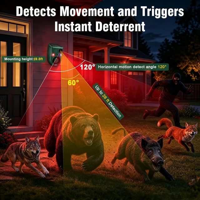 Alt view image 5 of 7 - 2-Pack Solar Outdoor Motion Sensor Alarm with Dog Barking Sound, Recording & Adjustable Volume 130dB Noise Maker, 3 Modes & Strobe Light for Home, Villa, Farm & Barn