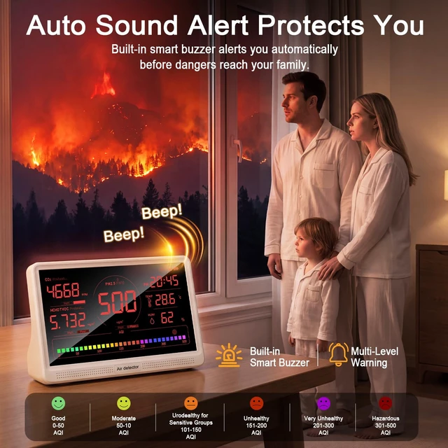 Alt view image 2 of 7 - 16-in-1 Indoor Air Quality Monitor with 7" Display & Precision NDIR CO2 Sensor PM2.5, PM10, HCHO & TVOC Smart Tester for Home, Office & Bedroom