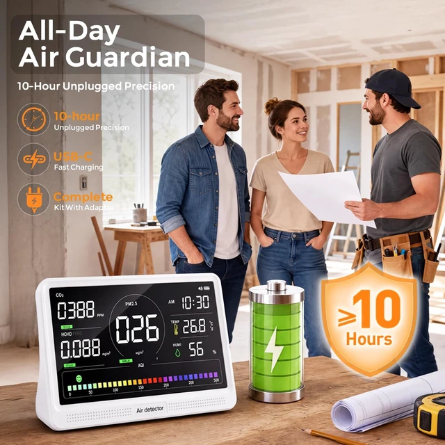 Alt view image 4 of 7 - 16-in-1 Indoor Air Quality Monitor with 7" Display & Precision NDIR CO2 Sensor PM2.5, PM10, HCHO & TVOC Smart Tester for Home, Office & Bedroom