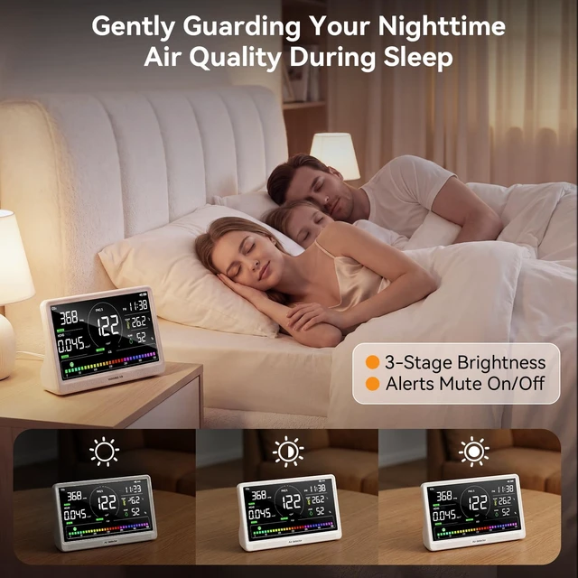 Alt view image 5 of 7 - 16-in-1 Indoor Air Quality Monitor with 7" Display & Precision NDIR CO2 Sensor PM2.5, PM10, HCHO & TVOC Smart Tester for Home, Office & Bedroom