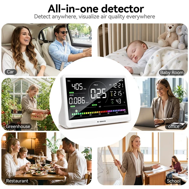Alt view image 7 of 7 - 16-in-1 Indoor Air Quality Monitor with 7" Display & Precision NDIR CO2 Sensor PM2.5, PM10, HCHO & TVOC Smart Tester for Home, Office & Bedroom