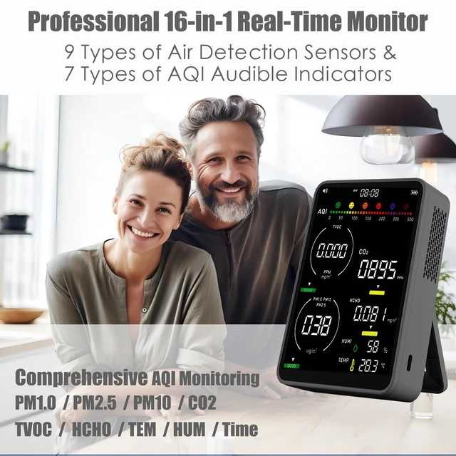 Alt view image 2 of 7 - 16-in-1 Indoor Air Quality Monitor with HD Real-Time Color Screen High-Precision Multi-Parameter Smart Tester for Home, Office, Cars & Bedroom, Black