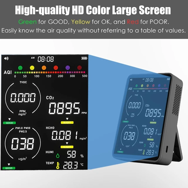 Alt view image 3 of 7 - 16-in-1 Indoor Air Quality Monitor with HD Real-Time Color Screen High-Precision Multi-Parameter Smart Tester for Home, Office, Cars & Bedroom, Black