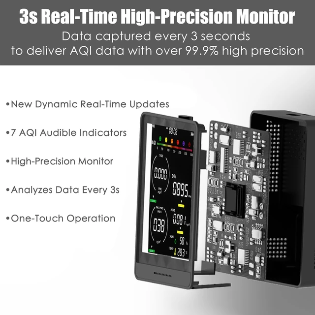 Alt view image 4 of 7 - 16-in-1 Indoor Air Quality Monitor with HD Real-Time Color Screen High-Precision Multi-Parameter Smart Tester for Home, Office, Cars & Bedroom, Black