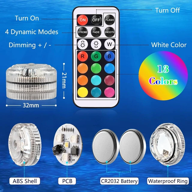 Alt view image 3 of 7 - 20-Pack Mini Submersible LED Lights Waterproof RGB Underwater Tea Lights