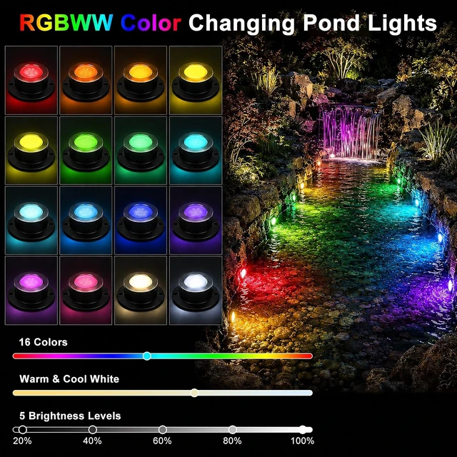 Alt view image 2 of 7 - 6-Head RGBWW Underwater LED Pond Lights with 12V Timer Transformer, Remote & Photocell Sensor IP68 Waterproof Submersible Fountain Lights for Pond, Waterfall & Garden