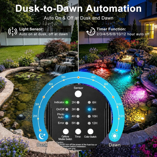 Alt view image 3 of 7 - 6-Head RGBWW Underwater LED Pond Lights with 12V Timer Transformer, Remote & Photocell Sensor IP68 Waterproof Submersible Fountain Lights for Pond, Waterfall & Garden