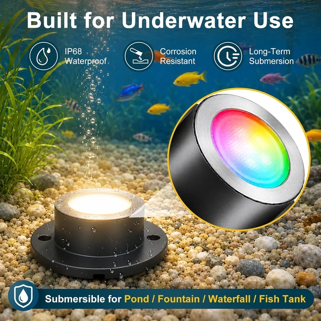 Alt view image 5 of 7 - 6-Head RGBWW Underwater LED Pond Lights with 12V Timer Transformer, Remote & Photocell Sensor IP68 Waterproof Submersible Fountain Lights for Pond, Waterfall & Garden