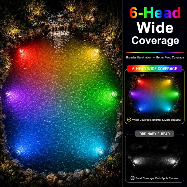 Alt view image 7 of 7 - 6-Head RGBWW Underwater LED Pond Lights with 12V Timer Transformer, Remote & Photocell Sensor IP68 Waterproof Submersible Fountain Lights for Pond, Waterfall & Garden