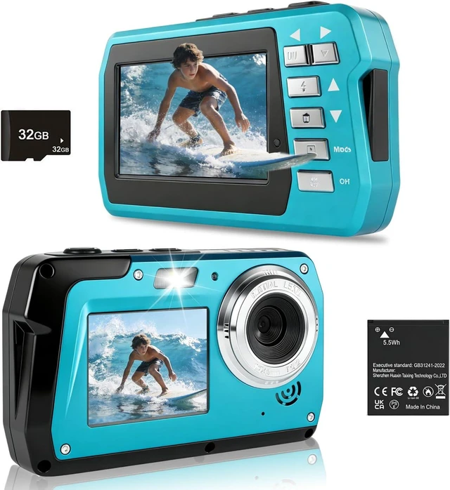 Main image of 4K 48MP Dual-Screen Underwater Camera, 10.83FT Dive, 16X Zoom & Fill Light Waterproof Digital Camera with 32GB Card for Swimming & Travel, Blue