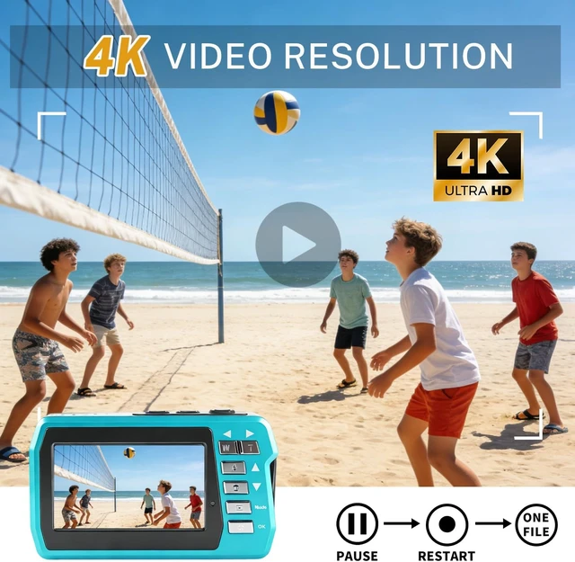 Alt view image 2 of 7 - 4K 48MP Dual-Screen Underwater Camera, 10.83FT Dive, 16X Zoom & Fill Light Waterproof Digital Camera with 32GB Card for Swimming & Travel, Blue
