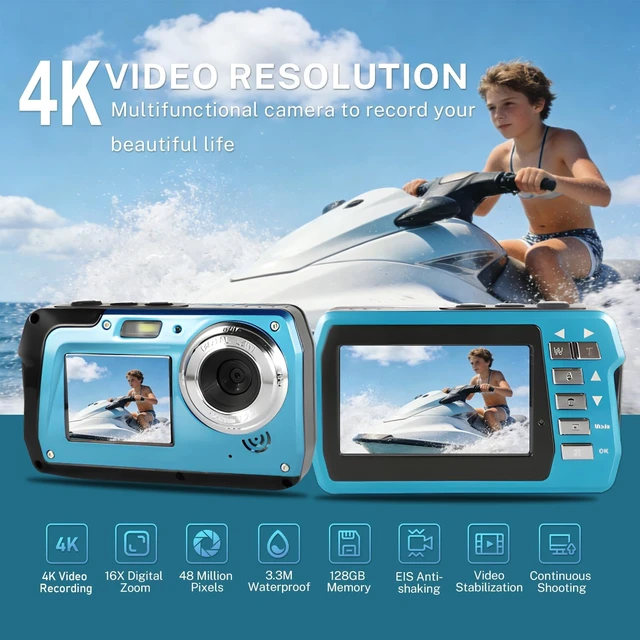 Alt view image 3 of 7 - 4K 48MP Dual-Screen Underwater Camera, 10.83FT Dive, 16X Zoom & Fill Light Waterproof Digital Camera with 32GB Card for Swimming & Travel, Blue