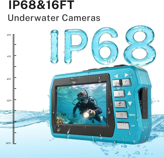 Alt view image 4 of 7 - 4K 48MP Dual-Screen Underwater Camera, 10.83FT Dive, 16X Zoom & Fill Light Waterproof Digital Camera with 32GB Card for Swimming & Travel, Blue