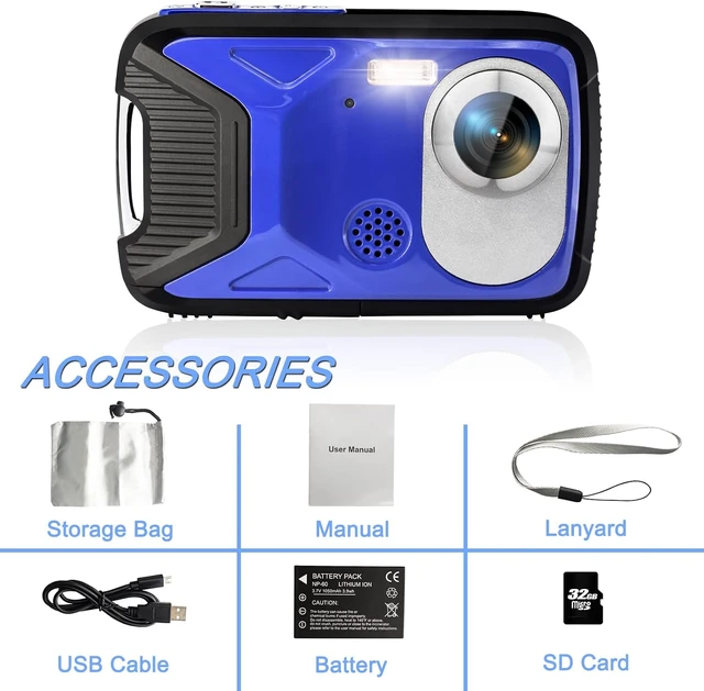 Alt view image 7 of 7 - 16FT 30MP Underwater Camera, 18X Zoom Waterproof Digital Camera with 32G Card & Rechargeable Battery for Kids & Teens, Snorkeling & Swimming Vacation (Blue)