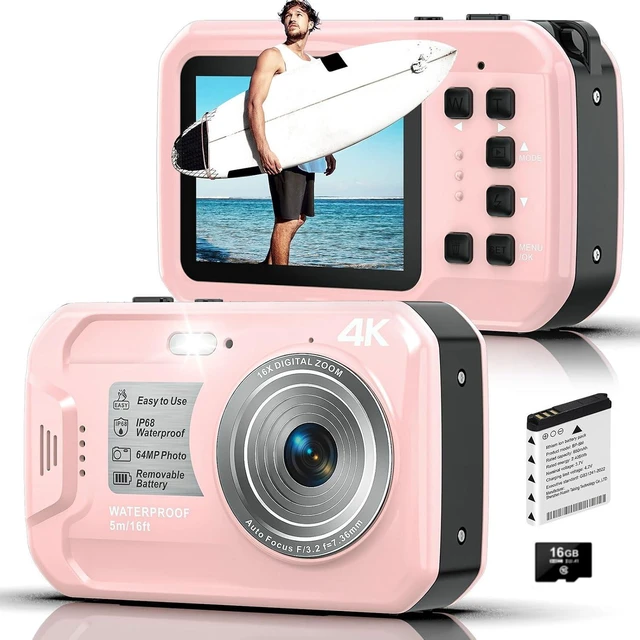 Main image of 4K 64MP 16FT Waterproof Underwater Camera with 16GB Card, Pink
