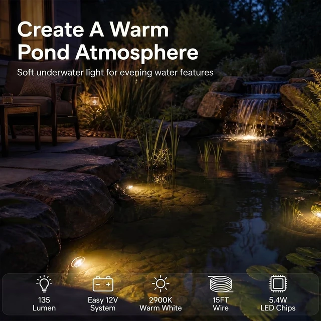 Alt view image 2 of 7 - 2-Pack Low-Voltage Submersible Pond Lights, 2900K Warm White, 5.4W 135 Lumens Landscape Floodlight with 15FT Wire for Pool, Fountain & Pond