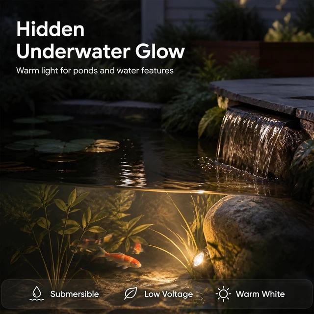 Alt view image 3 of 7 - 2-Pack Low-Voltage Submersible Pond Lights, 2900K Warm White, 5.4W 135 Lumens Landscape Floodlight with 15FT Wire for Pool, Fountain & Pond