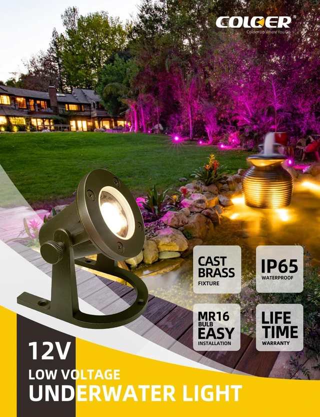 Alt view image 2 of 6 - 12V Low-Voltage Solid Brass Heavy-Duty Underwater Pond Light, 1 Pack