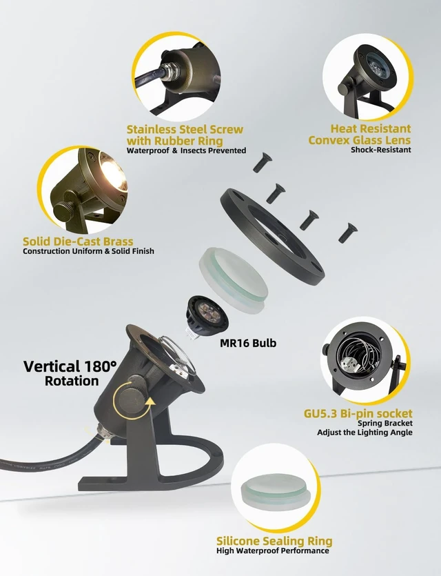 Alt view image 3 of 6 - 12V Low-Voltage Solid Brass Heavy-Duty Underwater Pond Light, 1 Pack