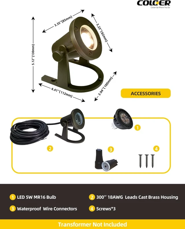 Alt view image 4 of 6 - 12V Low-Voltage Solid Brass Heavy-Duty Underwater Pond Light, 1 Pack