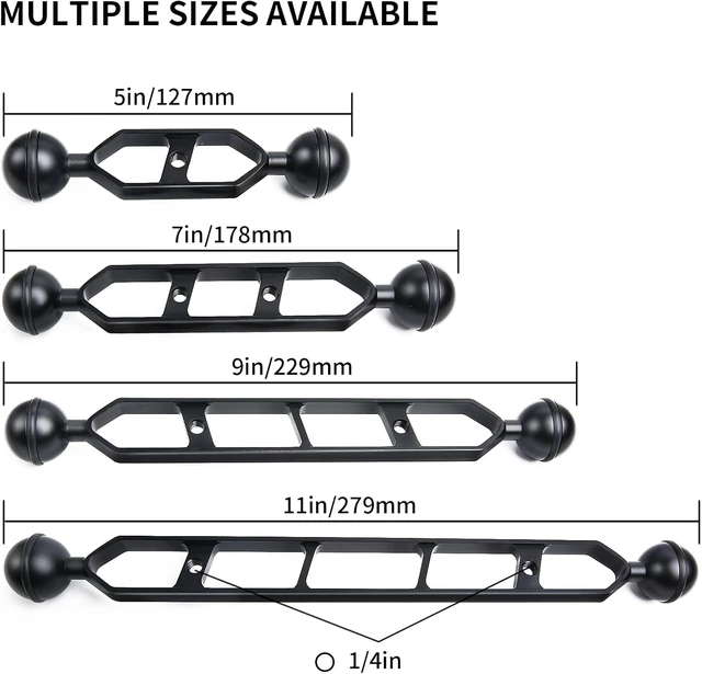 Alt view image 3 of 5 - 7" Black Underwater Aluminum Extension Arm (2-Pack) Dual Ball System with 1" Head Connector, Waterproof & Rustproof for Diving Camera Tray, Strobe & Video Light