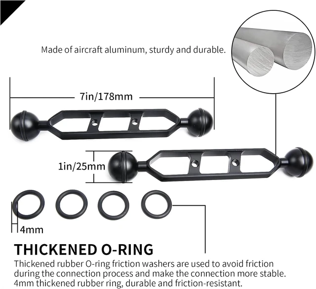 Alt view image 2 of 5 - 7" Black Underwater Aluminum Extension Arm (2-Pack) Dual Ball System with 1" Head Connector, Waterproof & Rustproof for Diving Camera Tray, Strobe & Video Light