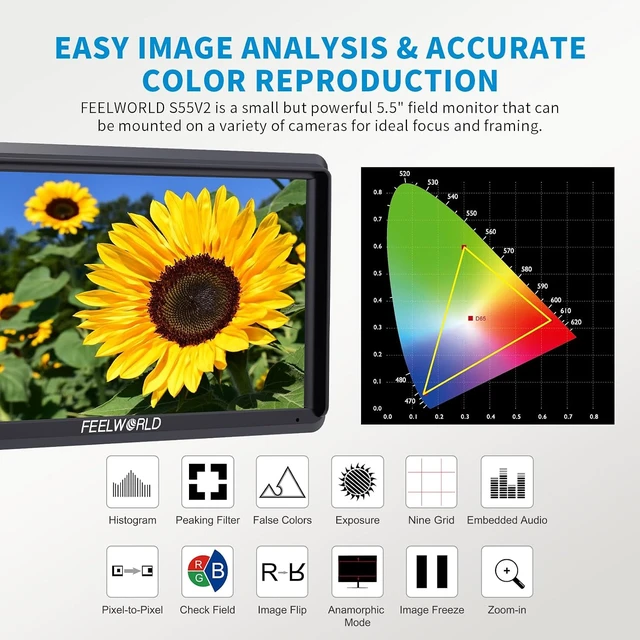 Alt view image 4 of 7 - S55 V3 6" Field DSLR Camera Monitor, 500nit 1920×1080 IPS Screen