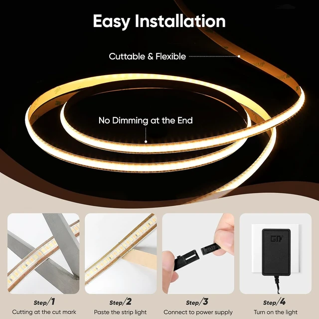 Alt view image 5 of 7 - 32.8ft 24V Dimmable COB LED Strip with Remote Under-Cabinet Lights