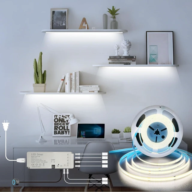 Main image of 16.4ft 12V COB LED Strip Lights, Cool White 6000K Shelf Lighting