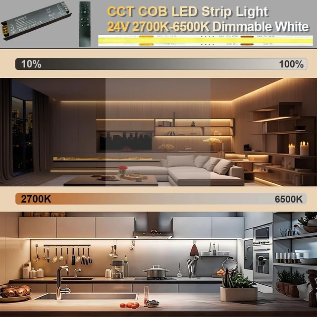 Alt view image 2 of 7 - 32.8ft/10m CCT COB LED Strip Light Kit, 2700K-6500K, Dimmable & Cuttable 24V Tape with Smart Transformer & Remote/App/Alexa Control for Bedroom, Shelves & Under-Cabinet