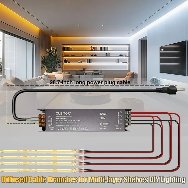 Alt view image 4 of 7 - 32.8ft/10m CCT COB LED Strip Light Kit, 2700K-6500K, Dimmable & Cuttable 24V Tape with Smart Transformer & Remote/App/Alexa Control for Bedroom, Shelves & Under-Cabinet