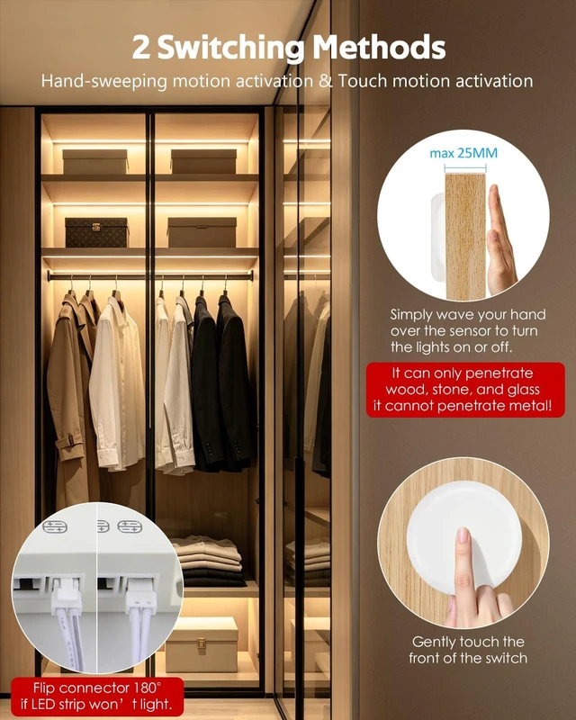 Alt view image 2 of 7 - 32.8FT 12V Warm White 3000K Under-Shelf Light Strip with Hand-Sweep On/Off