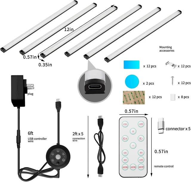 Alt view image 6 of 6 - 6-Pack Dimmable Under-Cabinet LED Strip Lights with IR Control & 3 Color-Changing Modes Stepless Brightness & Timer for Kitchen Counter, Shelf, Wardrobe & Closet