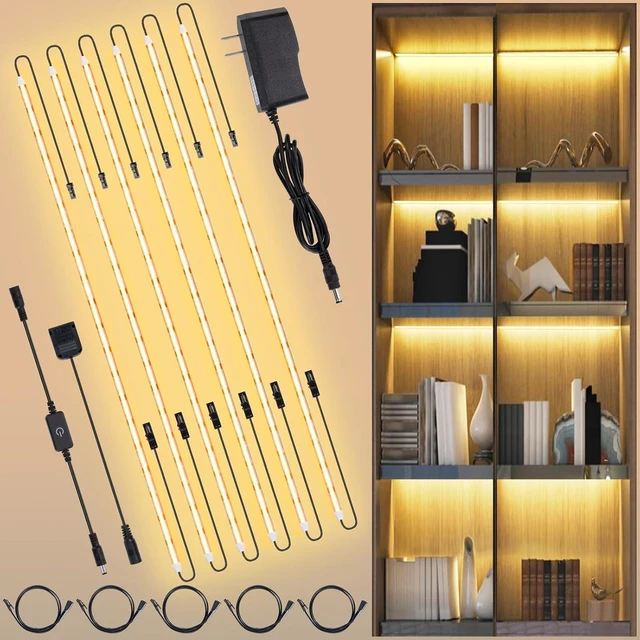 Main image of 6-Pack 20-Inch Dimmable COB LED Shelf Light Strips, Warm White 3000K Under-Cabinet Lighting for Display Case, Bookshelf, Kitchen, Wardrobe & Closet