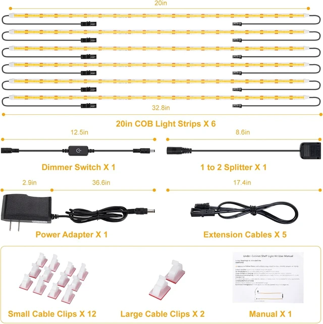 Alt view image 7 of 7 - 6-Pack 20-Inch Dimmable COB LED Shelf Light Strips, Warm White 3000K Under-Cabinet Lighting for Display Case, Bookshelf, Kitchen, Wardrobe & Closet